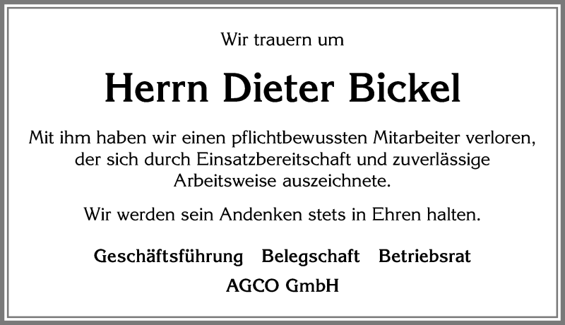 Traueranzeige von Dieter Bickel von Allgäuer Zeitung,Kempten