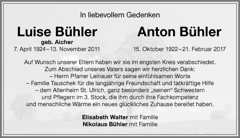 Traueranzeige von Luise und Anton Bühler von Memminger Zeitung