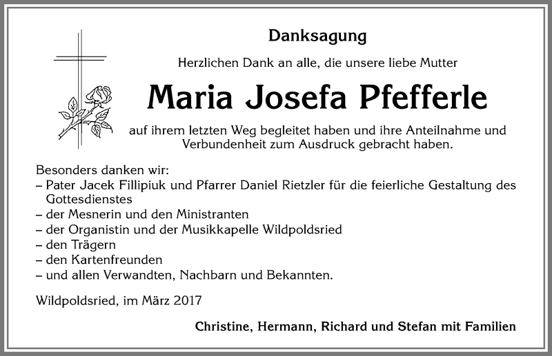 Traueranzeige von Maria Josefa Pfefferle von Allgäuer Zeitung,Kempten