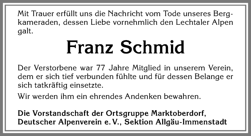Traueranzeige von Franz Schmid von Allgäuer Zeitung, Marktoberdorf