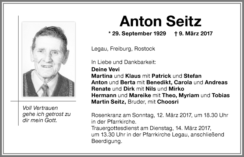 Traueranzeige von Anton Seitz von Memminger Zeitung