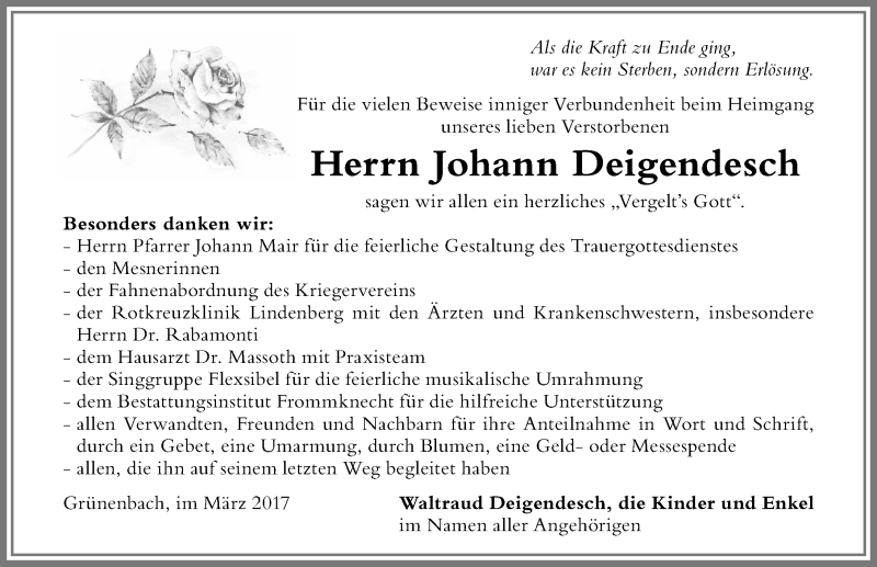 Traueranzeige von Johann Deigendesch von Der Westallgäuer