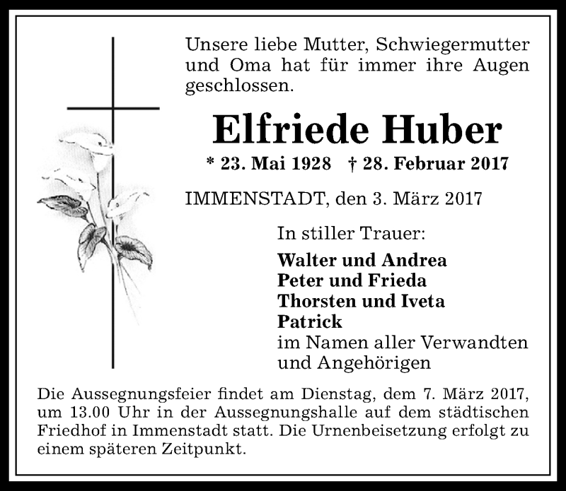 Traueranzeige von Elfriede Huber von Allgäuer Anzeigeblatt