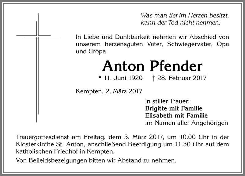 Traueranzeige von Anton Pfender von Allgäuer Zeitung,Kempten