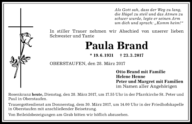 Traueranzeige von Paula Brand von Allgäuer Anzeigeblatt
