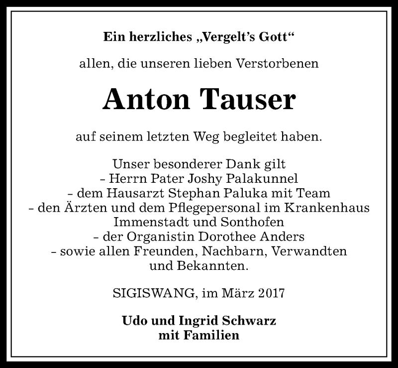 Traueranzeige von Anton Tauser von Allgäuer Anzeigeblatt