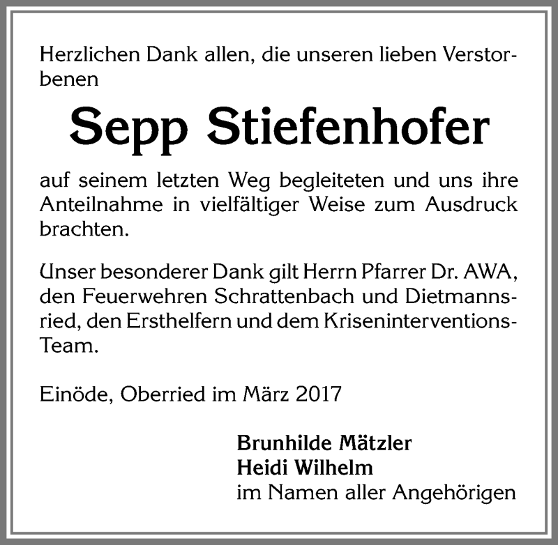 Traueranzeige von Sepp Stiefenhofer von Allgäuer Zeitung,Kempten