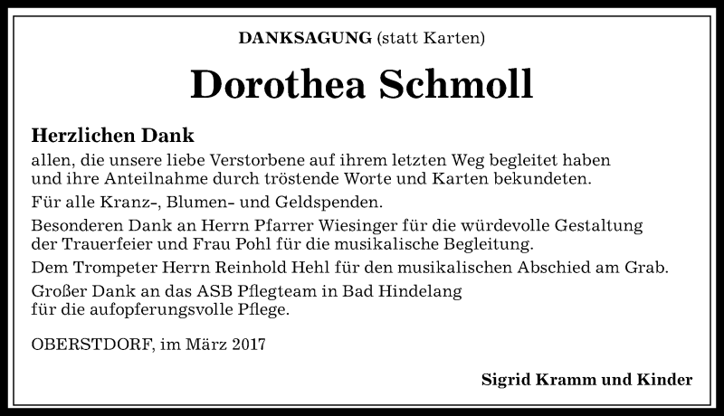 Traueranzeige von Dorothea Schmoll von Allgäuer Anzeigeblatt