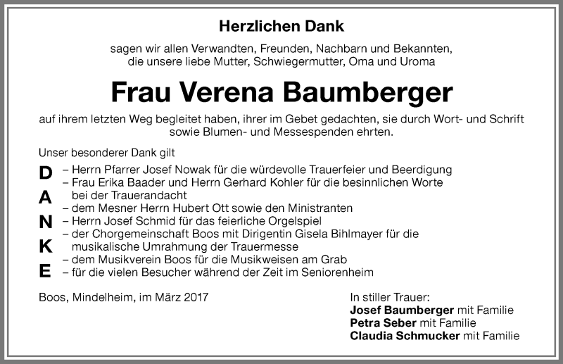 Traueranzeige von Verena Baumberger von Memminger Zeitung