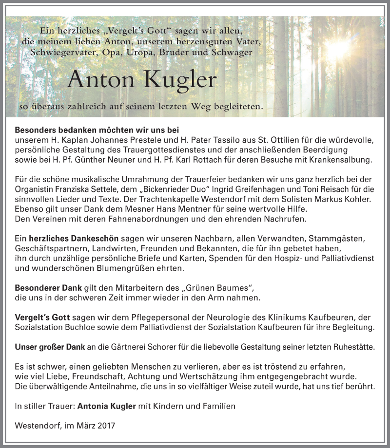 Traueranzeige von Anton Kugler von Allgäuer Zeitung, Kaufbeuren/Buchloe