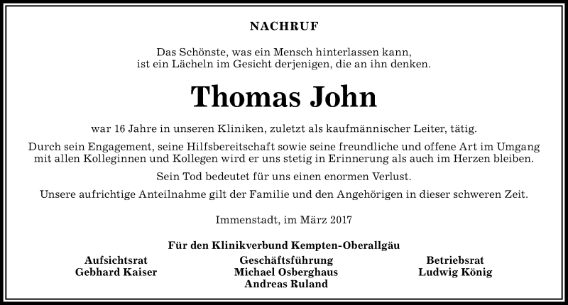 Traueranzeige von Thomas John von Allgäuer Anzeigeblatt