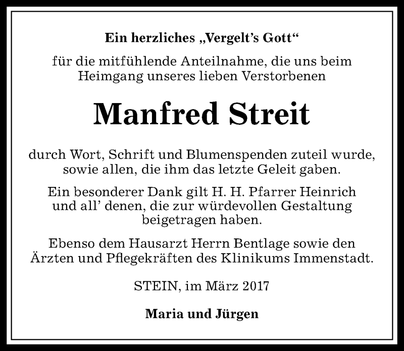 Traueranzeige von Manfred Streit von Allgäuer Anzeigeblatt