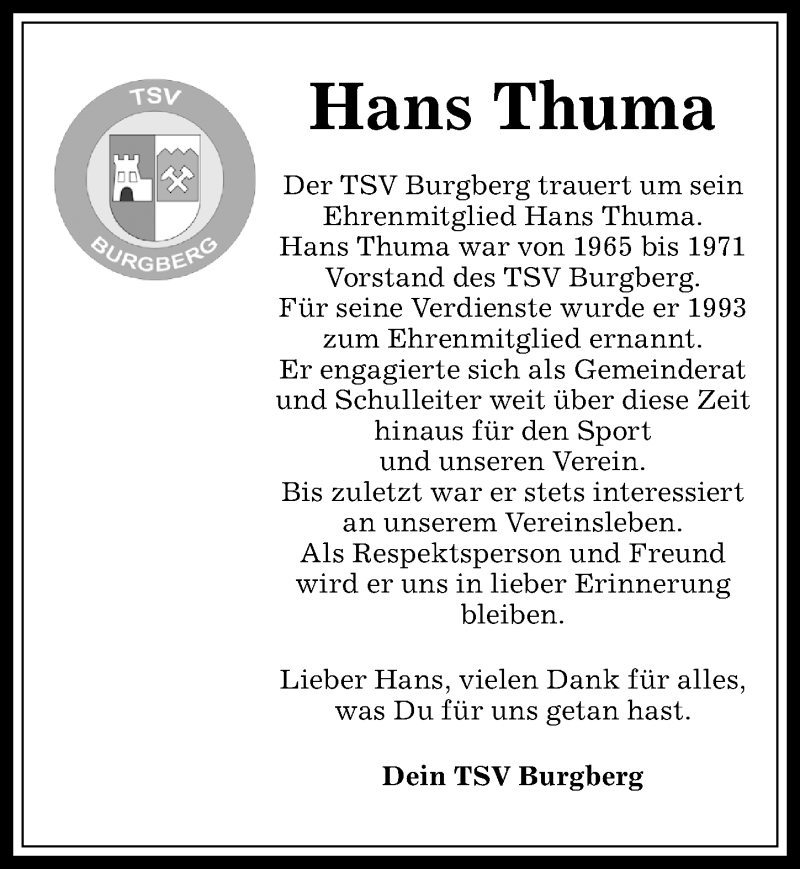 Traueranzeige von Hans Thuma von Allgäuer Anzeigeblatt
