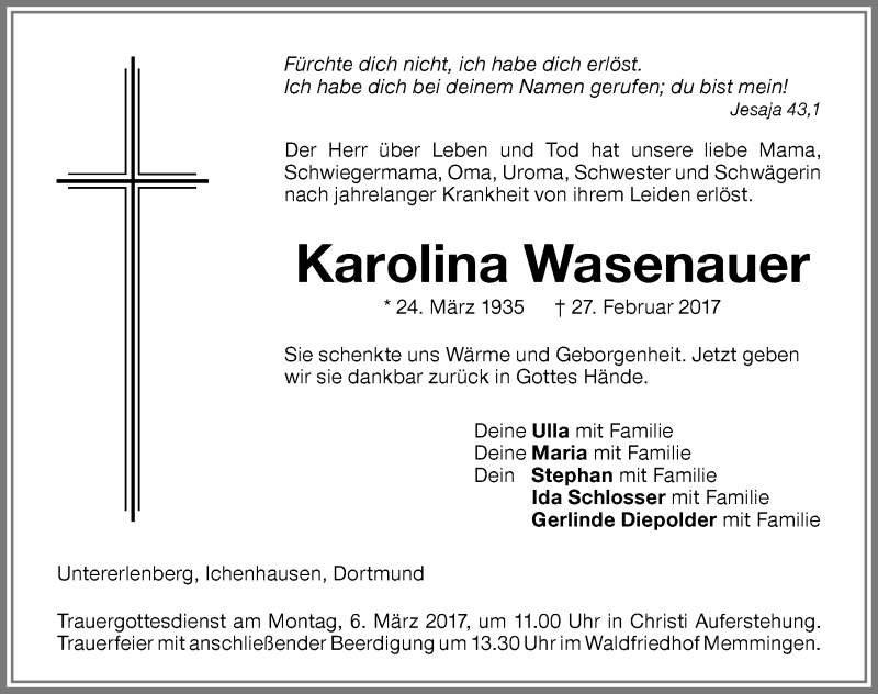 Traueranzeige von Karolina Wasenauer von Memminger Zeitung