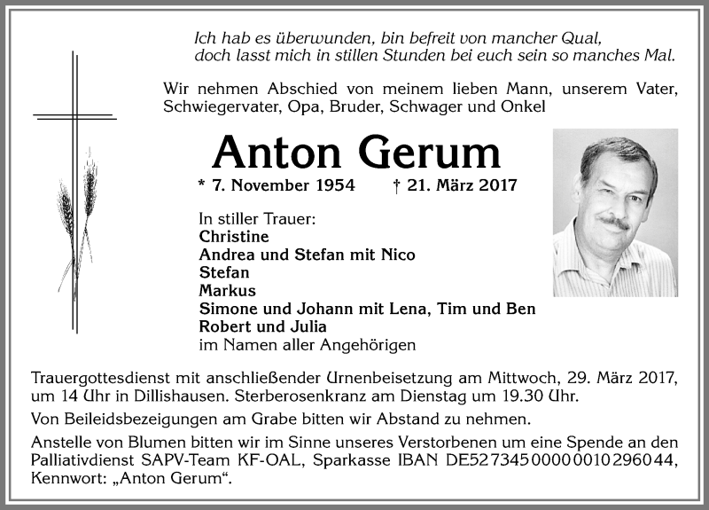 Traueranzeige von Anton Gerum von Allgäuer Zeitung, Kaufbeuren/Buchloe