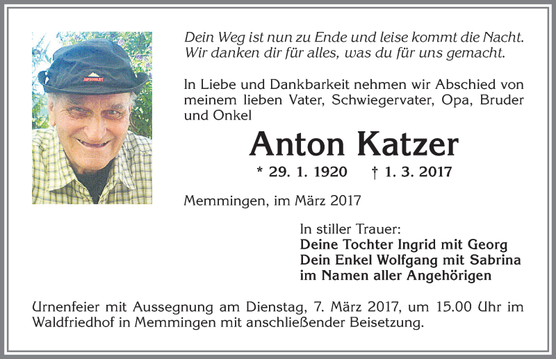 Traueranzeige von Anton Katzer von Memminger Zeitung