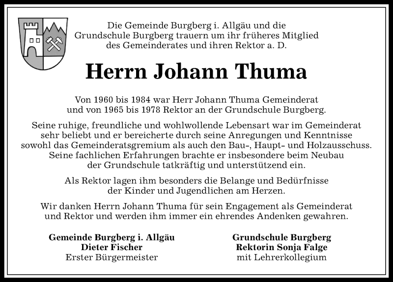 Traueranzeige von Johann Thuma von Allgäuer Anzeigeblatt