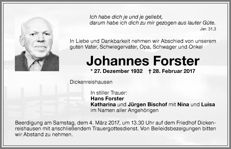 Traueranzeige von Johannes Forster von Memminger Zeitung