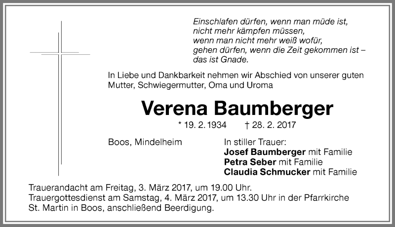 Traueranzeige von Verena Baumberger von Memminger Zeitung