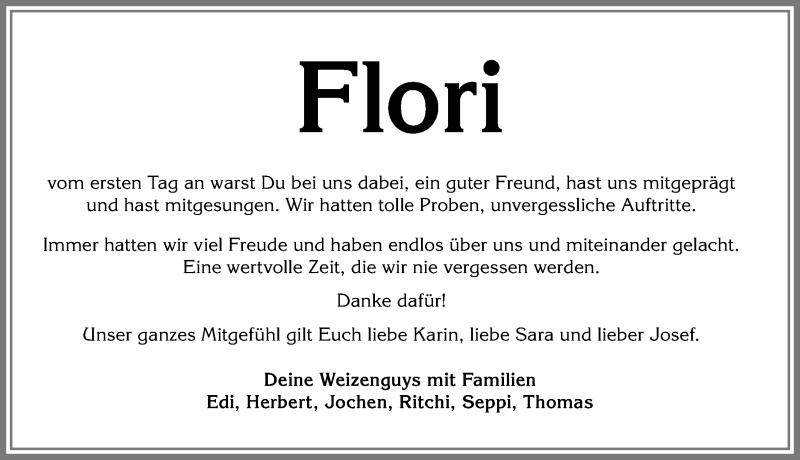 Traueranzeige von Flori  von Allgäuer Zeitung, Füssen