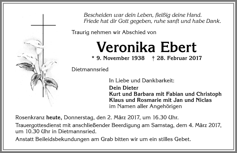 Traueranzeige von Veronika Ebert von Allgäuer Zeitung,Kempten