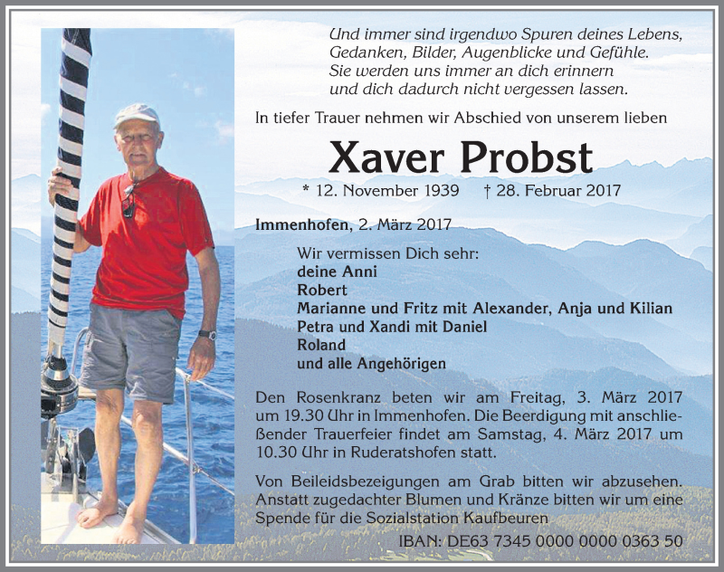 Traueranzeige von Xaver Probst von Allgäuer Zeitung, Marktoberdorf