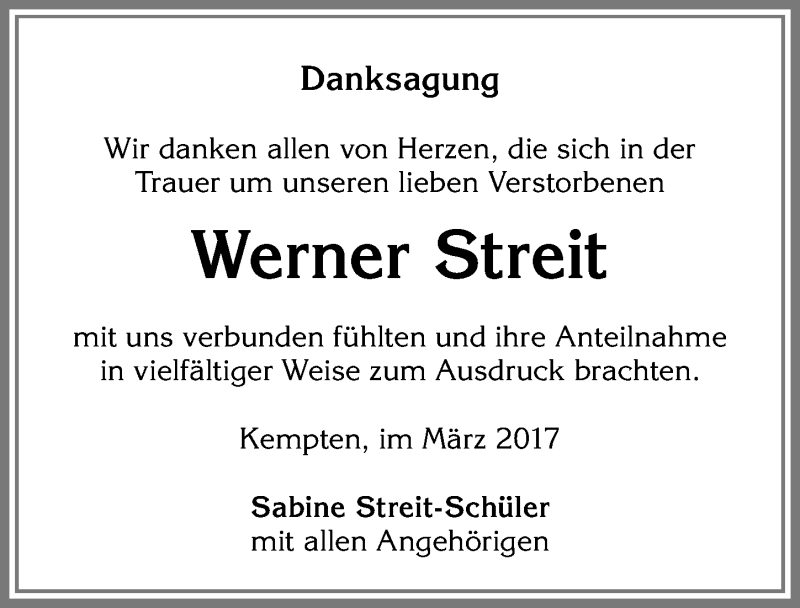 Traueranzeige von Werner Streit von Allgäuer Zeitung,Kempten