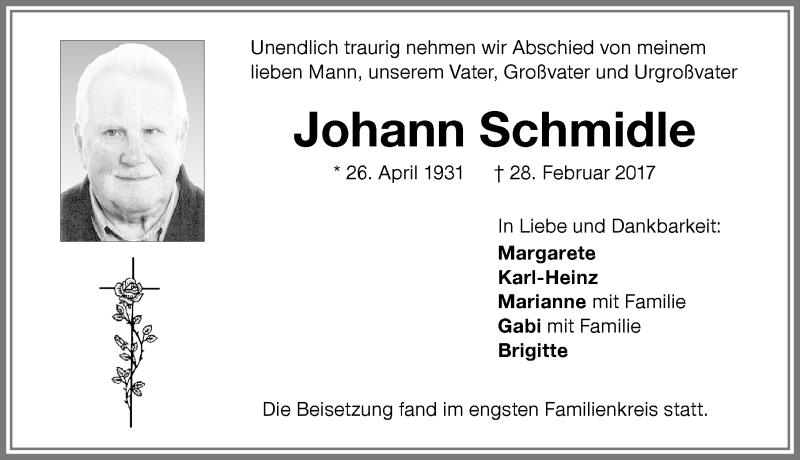 Traueranzeige von Johann Schmidle von Memminger Zeitung