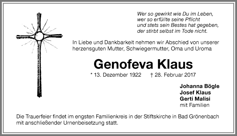 Traueranzeige von Genofeva Klaus von Memminger Zeitung