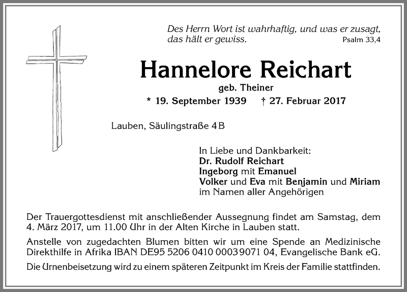 Traueranzeige von Hannelore Reichart von Allgäuer Zeitung,Kempten