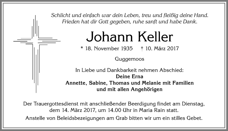 Traueranzeige von Johann Keller von Allgäuer Zeitung,Kempten