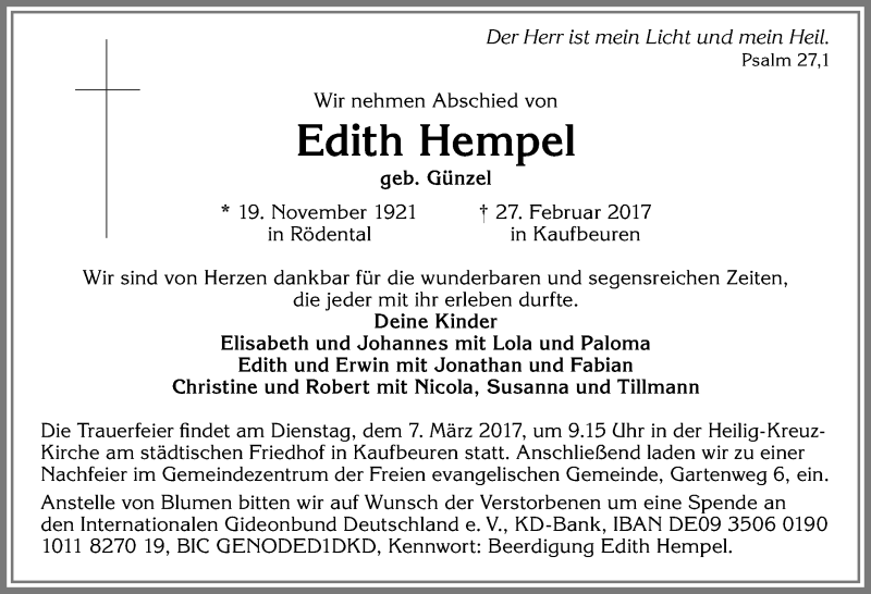 Traueranzeige von Edith Hempel von Allgäuer Zeitung, Kaufbeuren/Buchloe