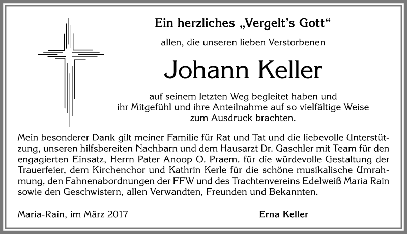 Traueranzeige von Johann Keller von Allgäuer Zeitung,Kempten