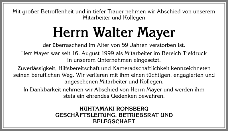 Traueranzeige von Walter Mayer von Allgäuer Zeitung, Marktoberdorf