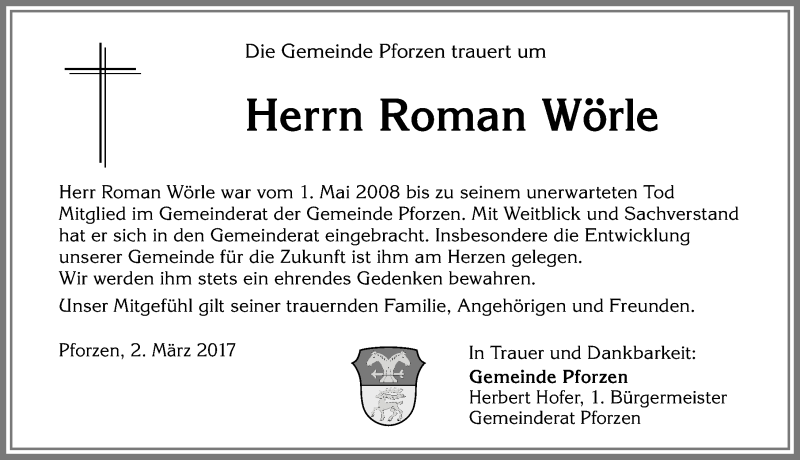 Traueranzeige von Roman Wörle von Allgäuer Zeitung, Kaufbeuren/Buchloe