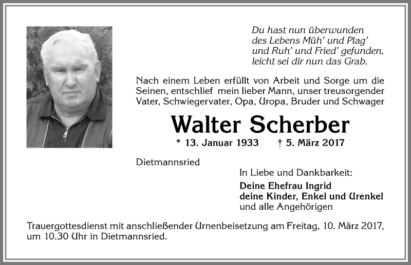  Traueranzeige für Walter Scherber vom 08.03.2017 aus Allgäuer Zeitung,Kempten