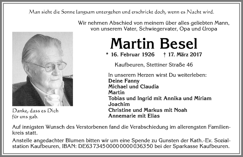 Traueranzeige von Martin Besel von Allgäuer Zeitung