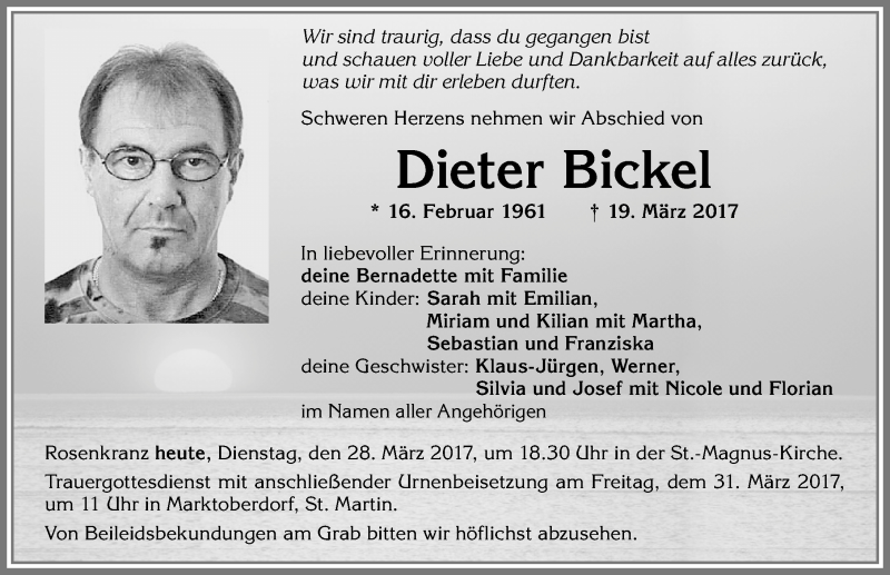 Traueranzeige von Dieter Bickel von Allgäuer Zeitung, Marktoberdorf