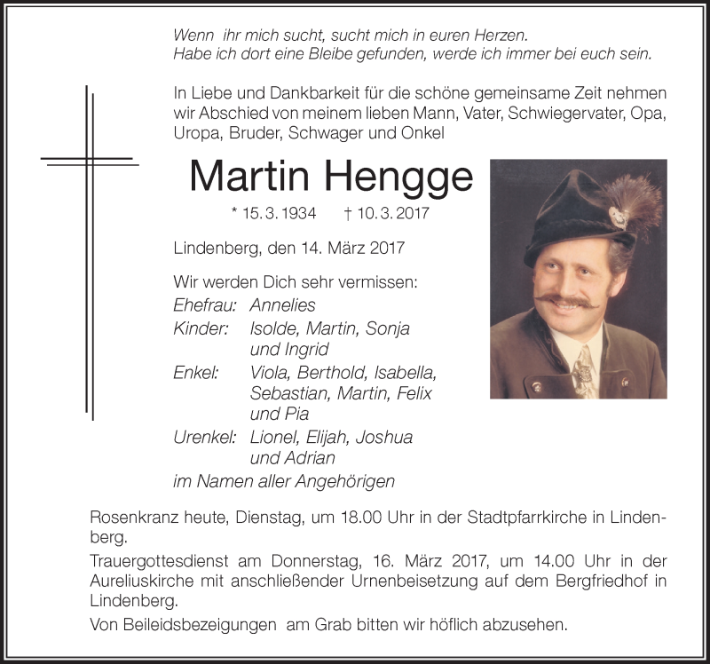 Traueranzeige von Martin Hengge von Der Westallgäuer