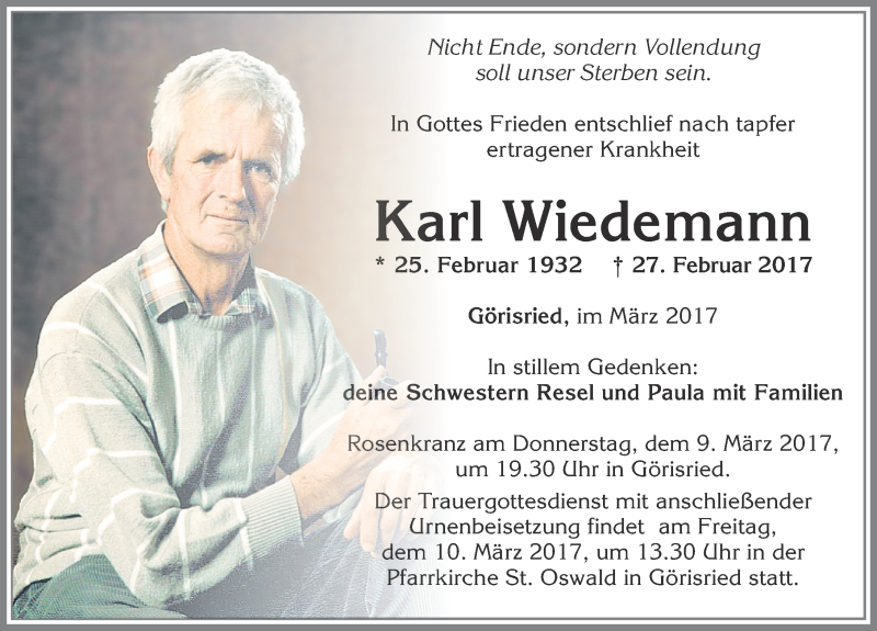 Traueranzeige von Karl Wiedemann von Allgäuer Zeitung, Marktoberdorf