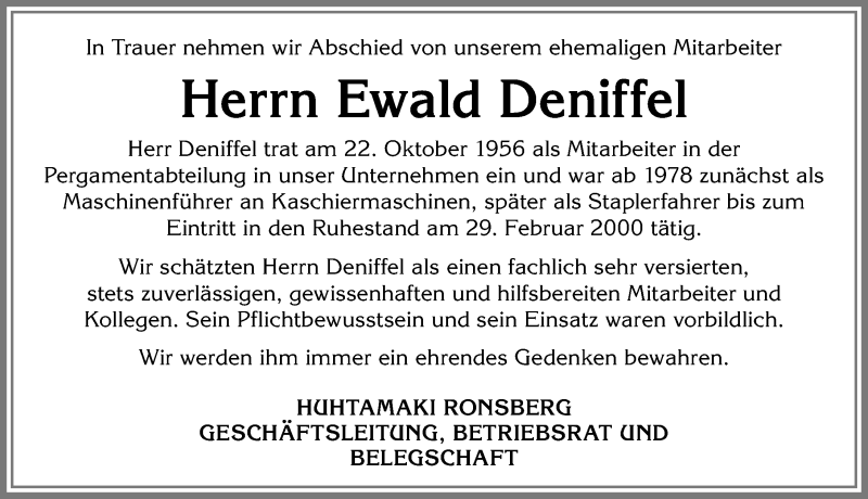 Traueranzeige von Ewald Deniffel von Allgäuer Zeitung, Marktoberdorf