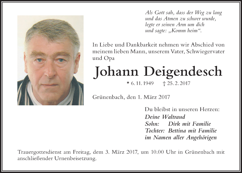 Traueranzeige von Johann Deigendesch von Der Westallgäuer