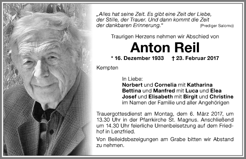 Traueranzeige von Anton Reil von Allgäuer Zeitung,Kempten