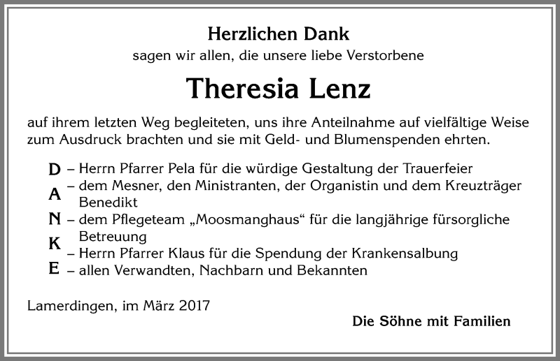 Traueranzeige von Theresia Lenz von Allgäuer Zeitung, Kaufbeuren/Buchloe