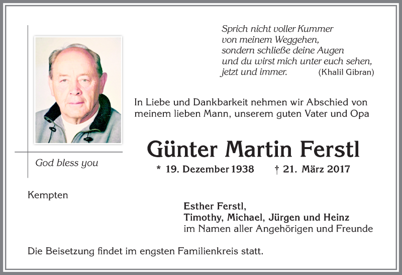 Traueranzeige von Günter Martin Ferstl von Allgäuer Zeitung,Kempten