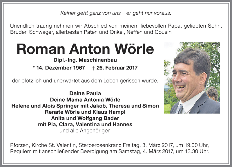 Traueranzeige von Roman Anton Wörle von Allgäuer Zeitung, Kaufbeuren/Buchloe