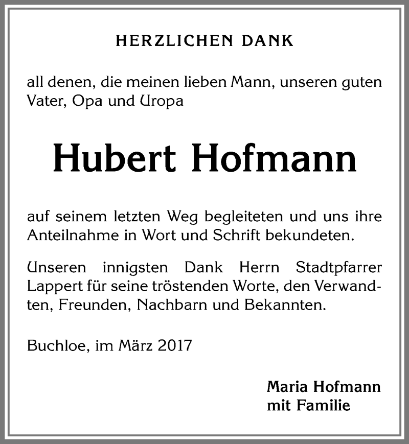 Traueranzeige von Hubert Hofmann von Allgäuer Zeitung, Kaufbeuren/Buchloe
