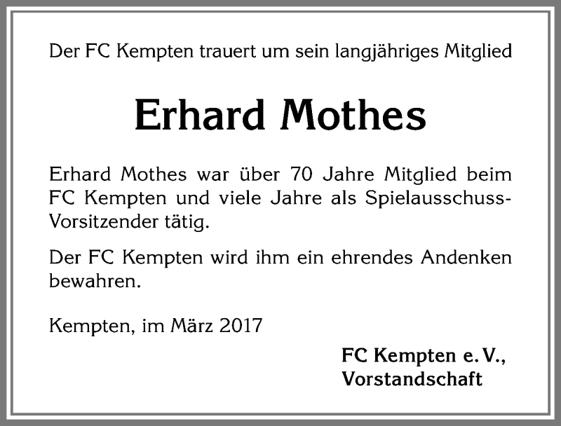 Traueranzeige von Erhard Mothes von Allgäuer Zeitung,Kempten