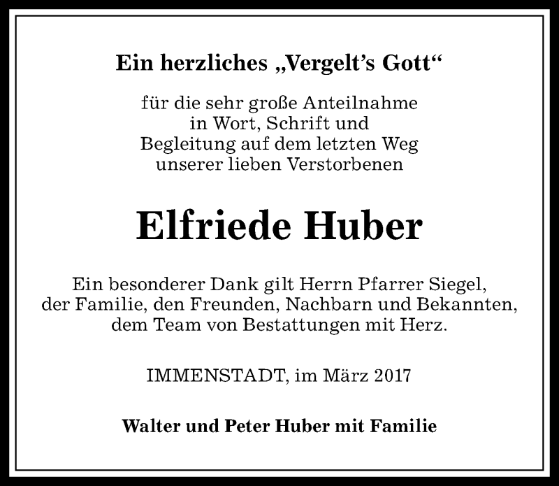 Traueranzeige von Elfriede Huber von Allgäuer Anzeigeblatt