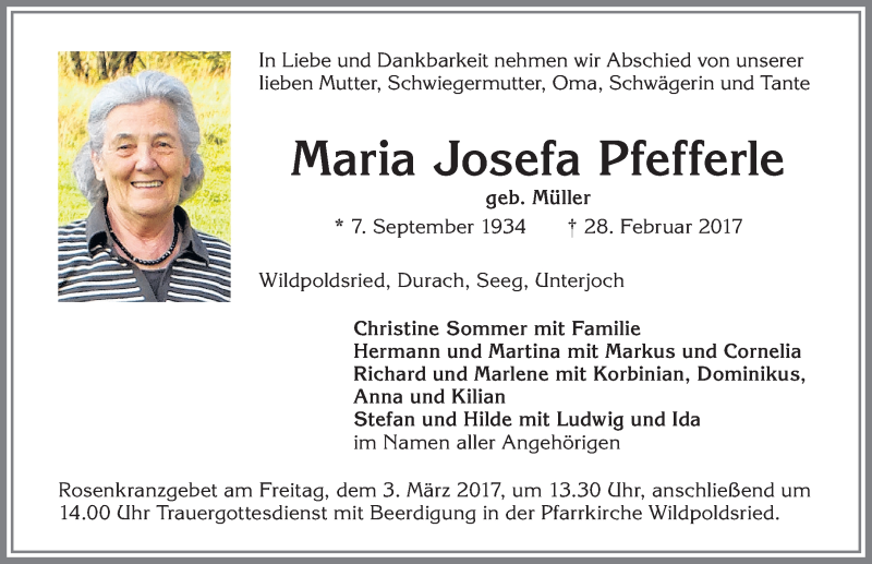 Traueranzeige von Maria Josefa Pfefferle von Allgäuer Zeitung,Kempten